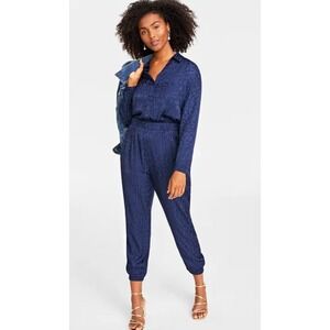 On 34th Animal-Print‎ Jacquard Jumpsuit Womens Small Blue Long Sleeve Collared